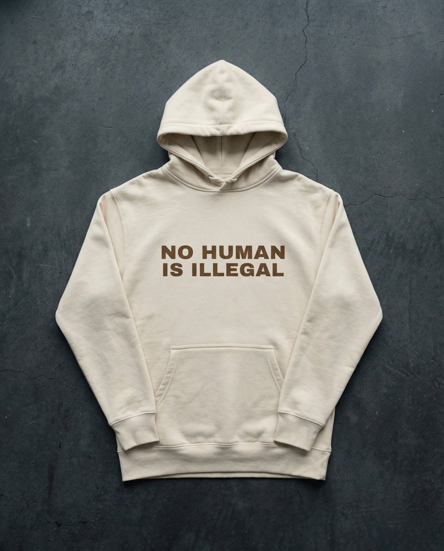 NO HUMAN IS ILLEGAL Hoodie Concrete Background in Bone | BAD BUREAU