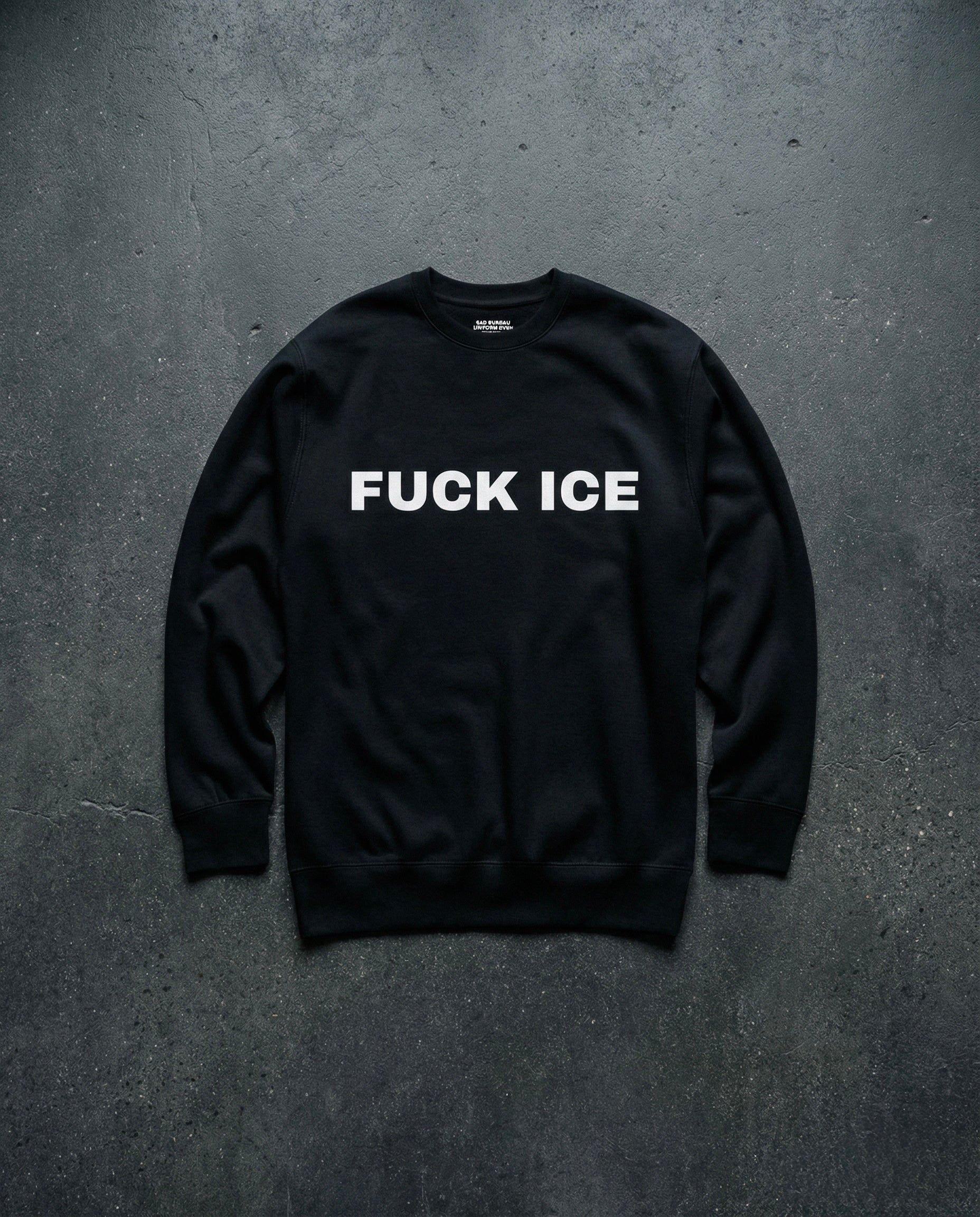 FUCK ICE Crewneck Concrete Background in Black | BAD BUREAU 