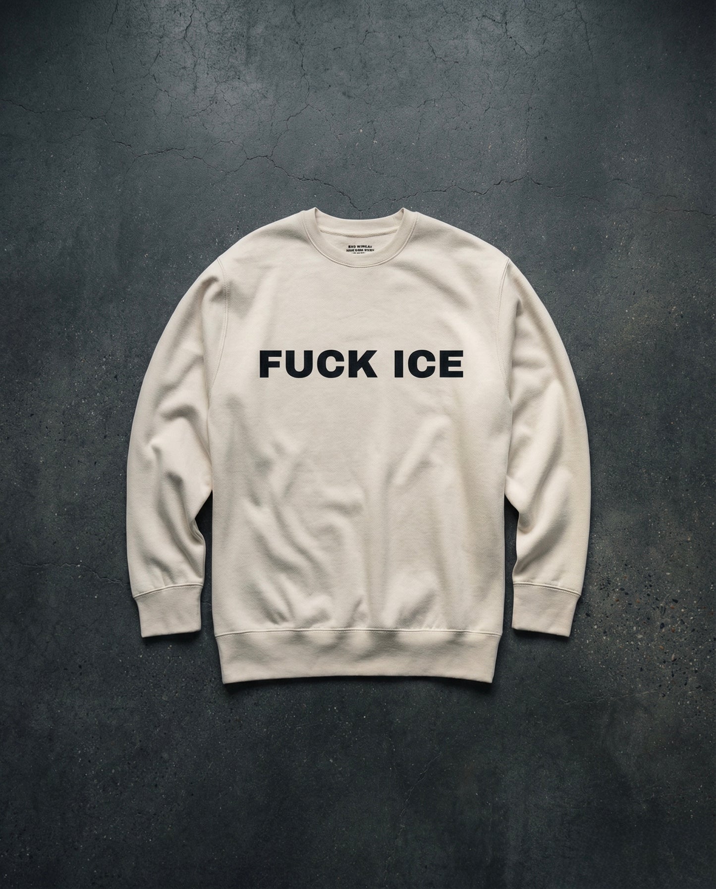 FUCK ICE Crewneck Concrete Background in Bone | BAD BUREAU 