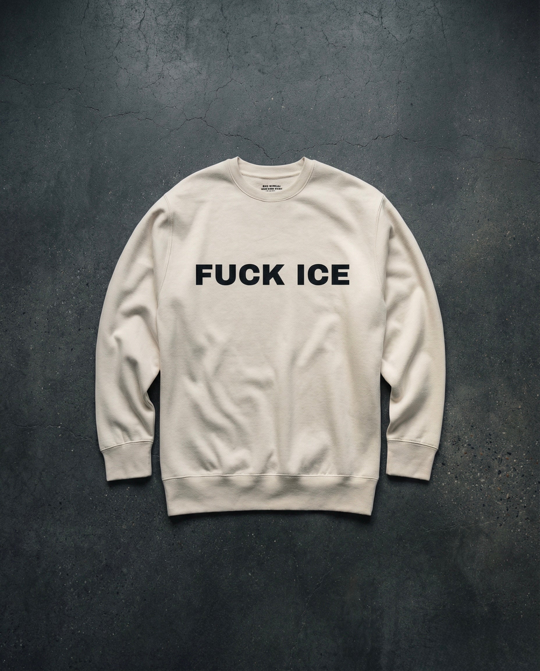 FUCK ICE Crewneck Concrete Background in Bone | BAD BUREAU 