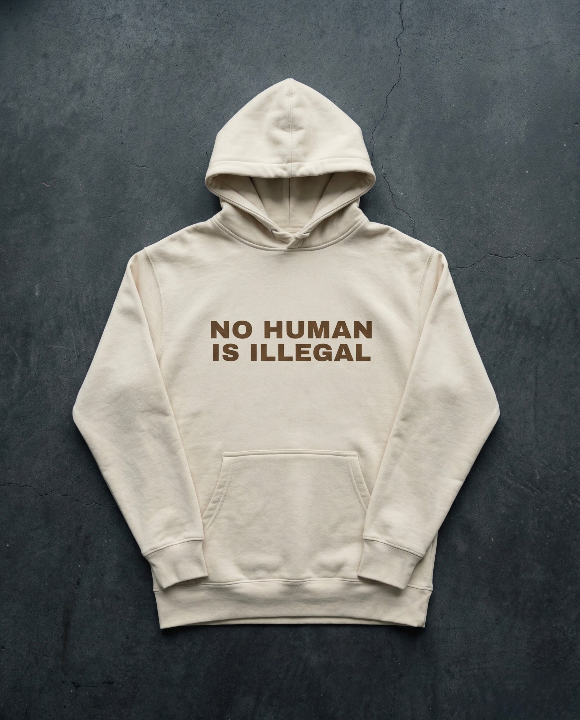 NO HUMAN IS ILLEGAL Hoodie Concrete Background in Bone | BAD BUREAU 