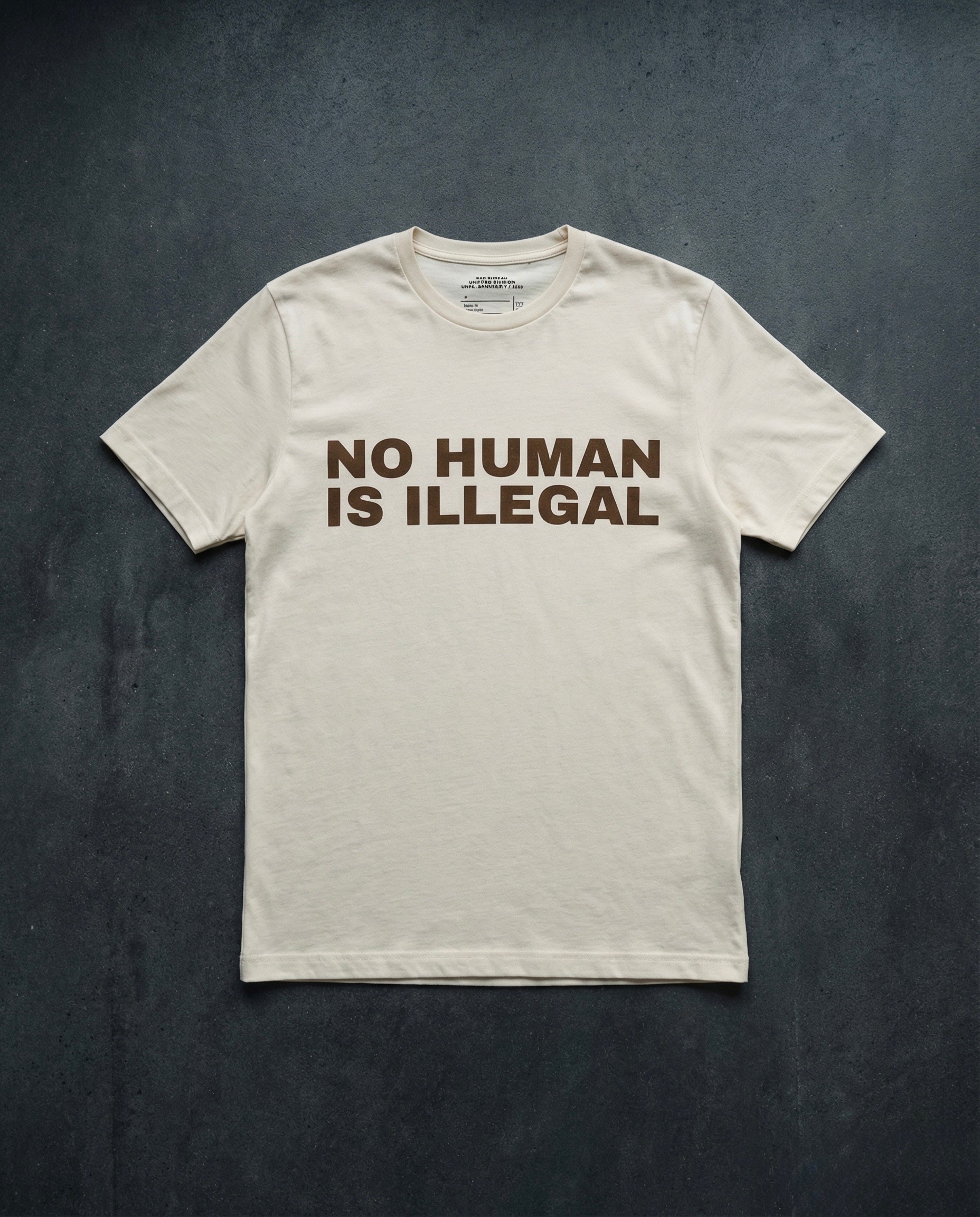NO HUMAN IS ILLEGAL T-Shirt Concrete Background in Bone | BAD BUREAU 