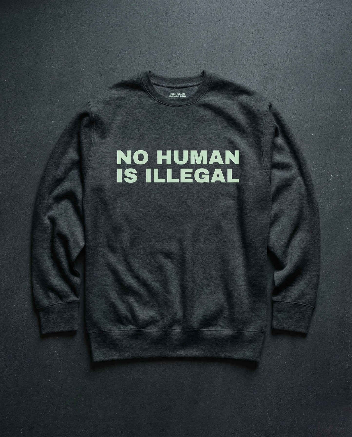 NO HUMAN IS ILLEGAL Crewneck Concrete Background in Charcoal | BAD BUREAU 