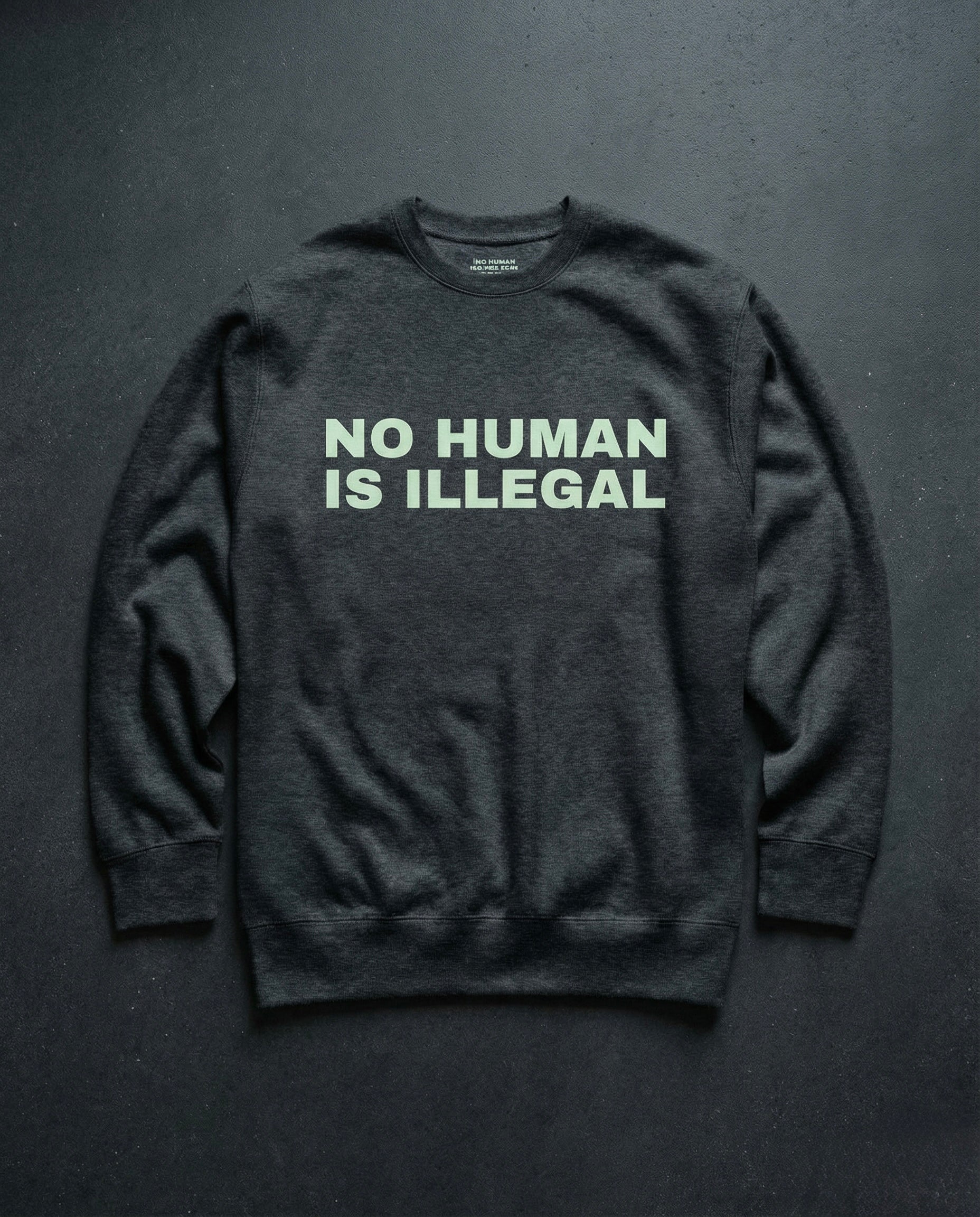 NO HUMAN IS ILLEGAL Crewneck Concrete Background in Charcoal | BAD BUREAU 