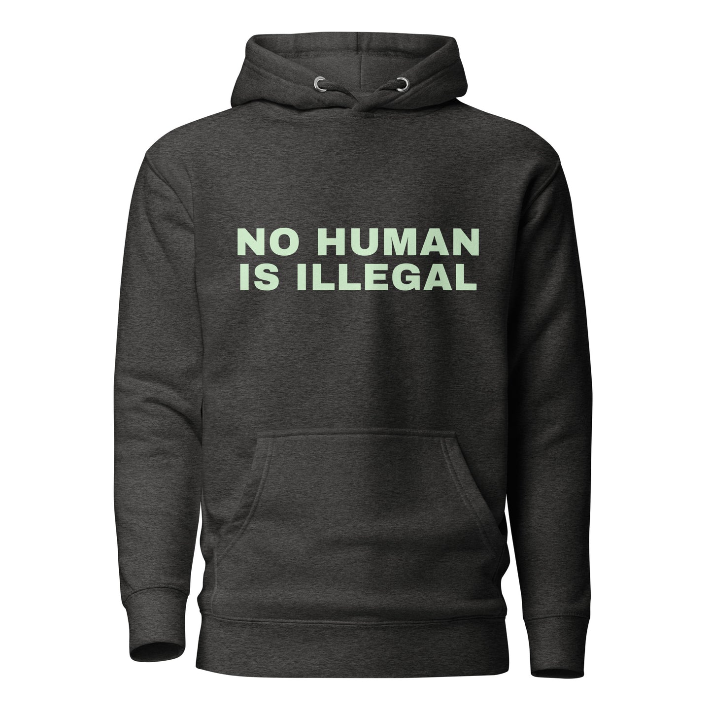 NO HUMAN IS ILLEGAL Hoodie Front View in Charcoal | BAD BUREAU 
