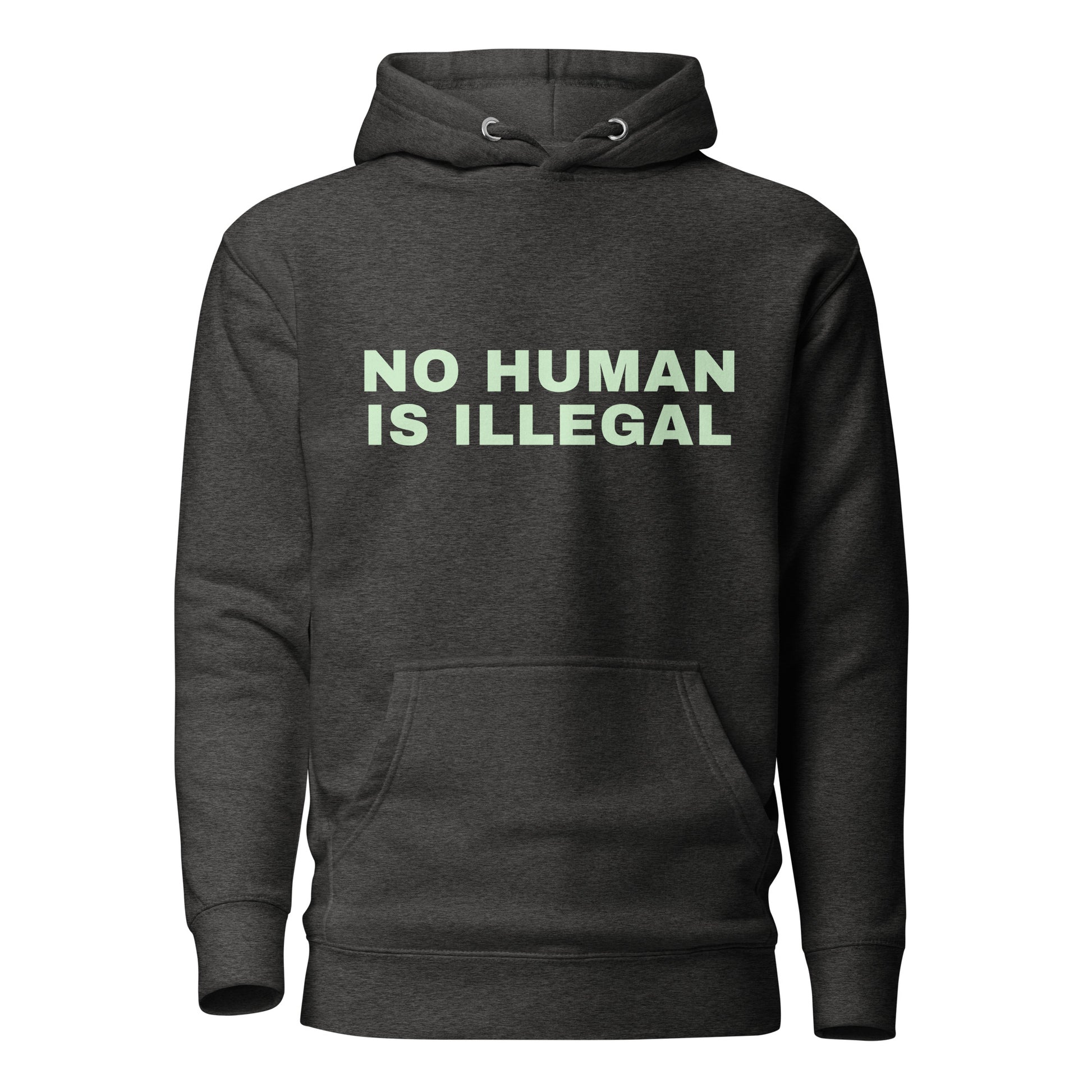 NO HUMAN IS ILLEGAL Hoodie Front View in Charcoal | BAD BUREAU 