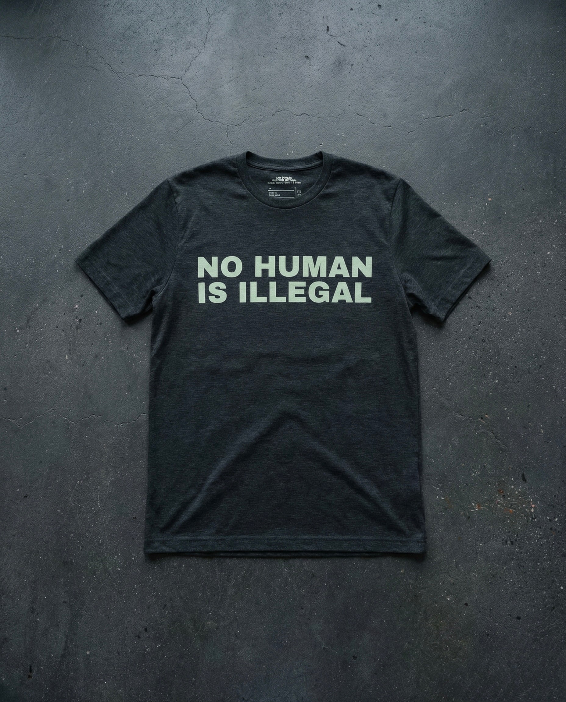 NO HUMAN IS ILLEGAL T-Shirt Concrete Background in Charcoal | BAD BUREAU 