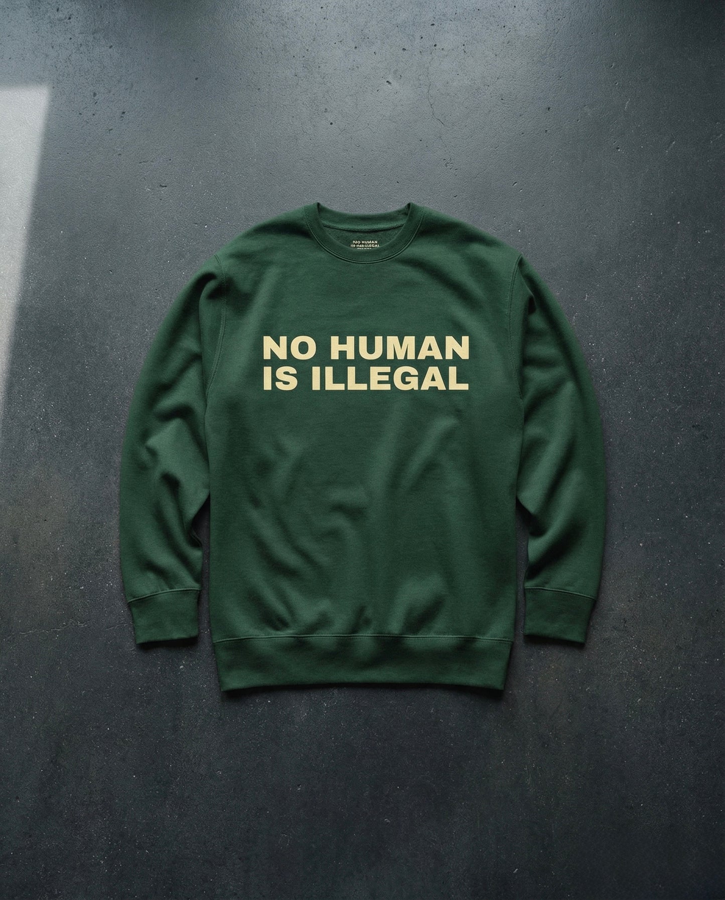 NO HUMAN IS ILLEGAL Crewneck Concrete Background in Forest | BAD BUREAU 