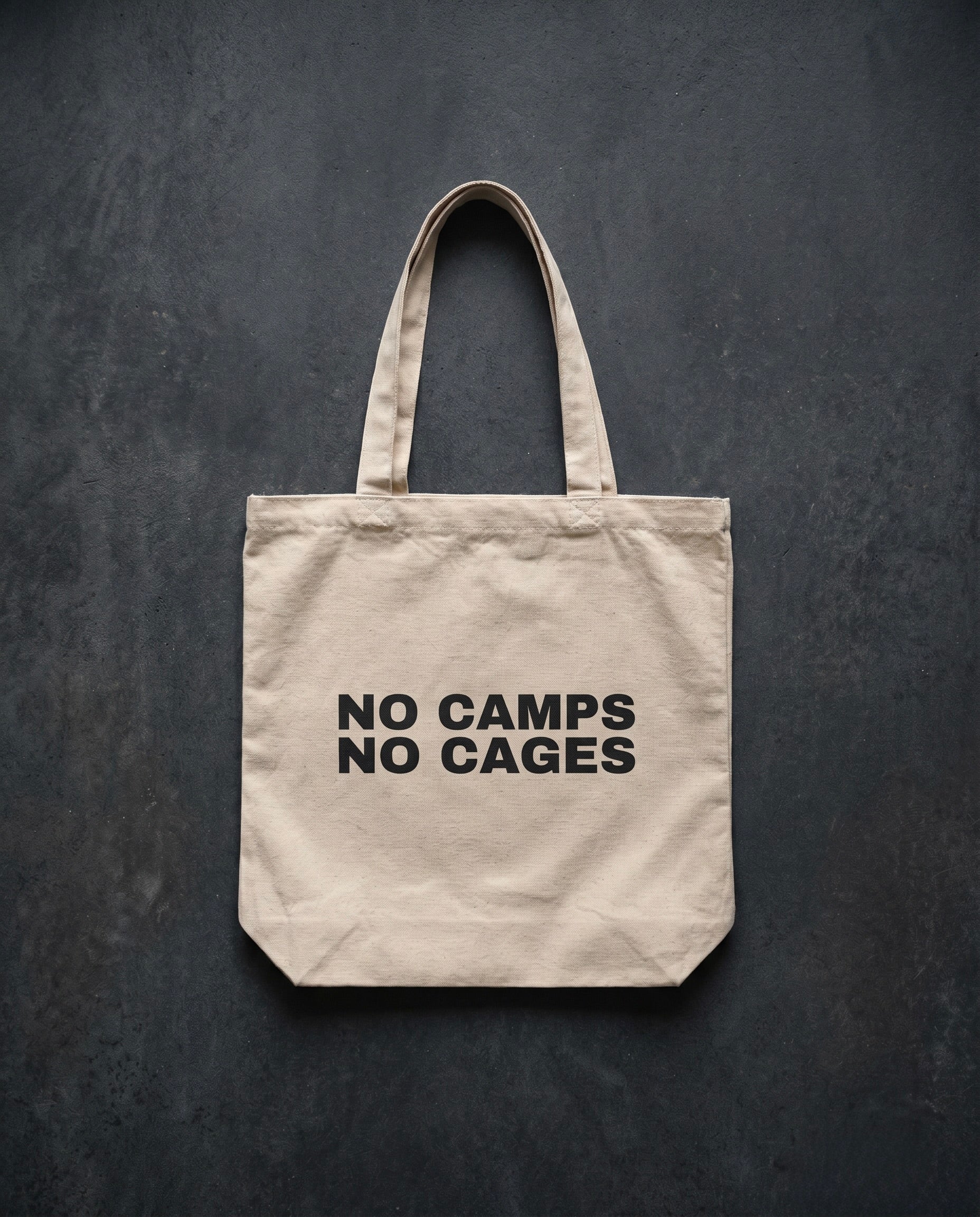 NO CAMPS NO CAGES Tote Bag concrete background in natural| BAD BUREAU