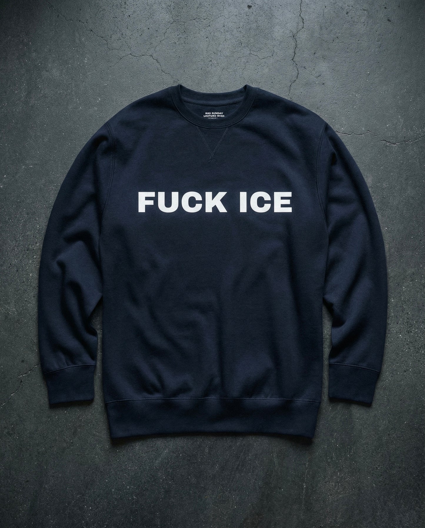 FUCK ICE Crewneck Concrete Background in Navy | BAD BUREAU 