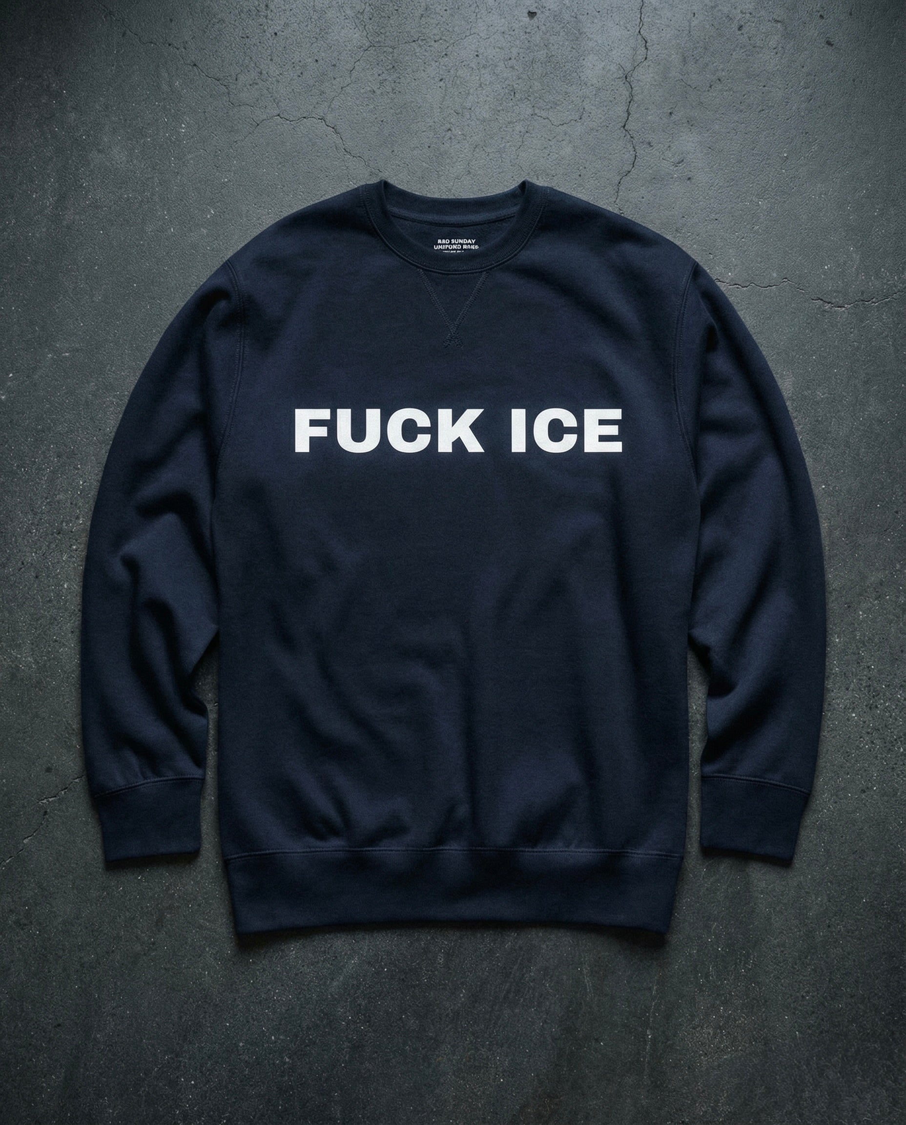 FUCK ICE Crewneck Concrete Background in Navy | BAD BUREAU 