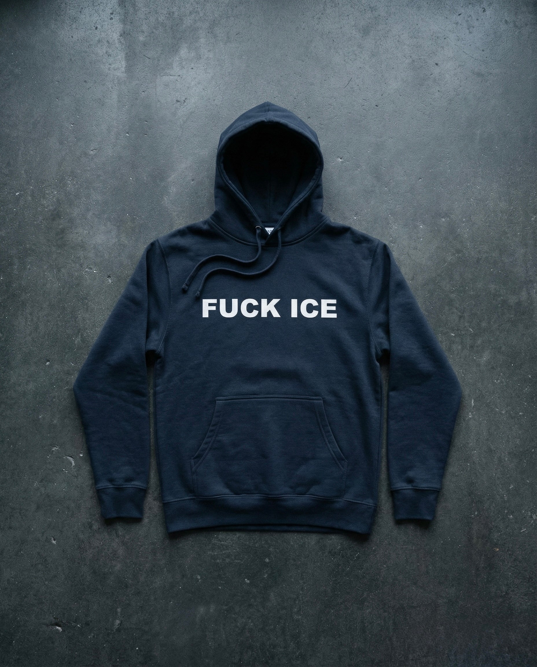 FUCK ICE Hoodie Concrete Background in Navy | BAD BUREAU 
