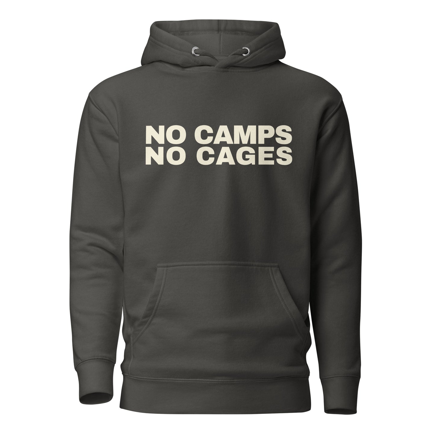 NO CAMPS NO CAGES Hoodie front view in vintage black | BAD BUREAU