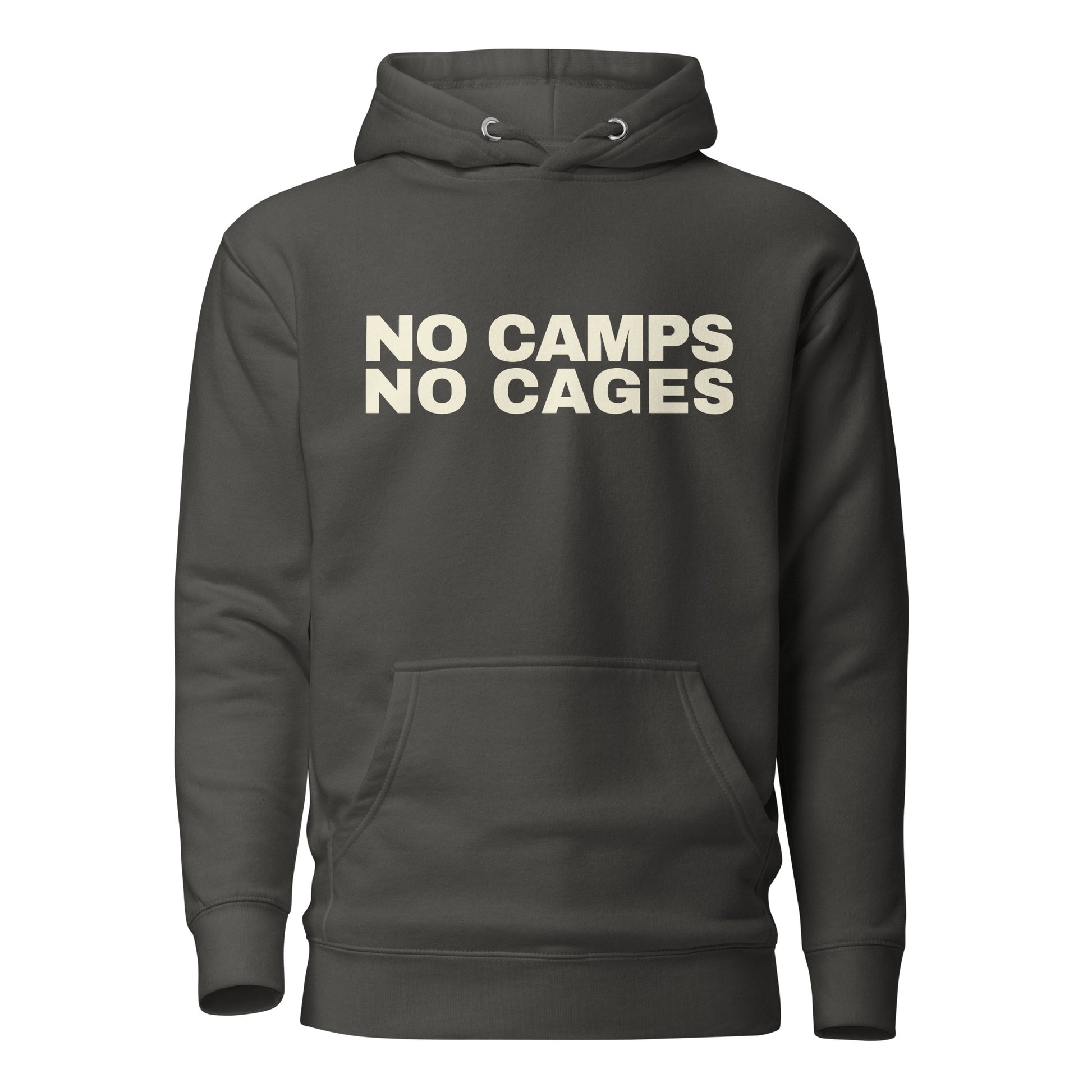 NO CAMPS NO CAGES Hoodie front view in vintage black | BAD BUREAU