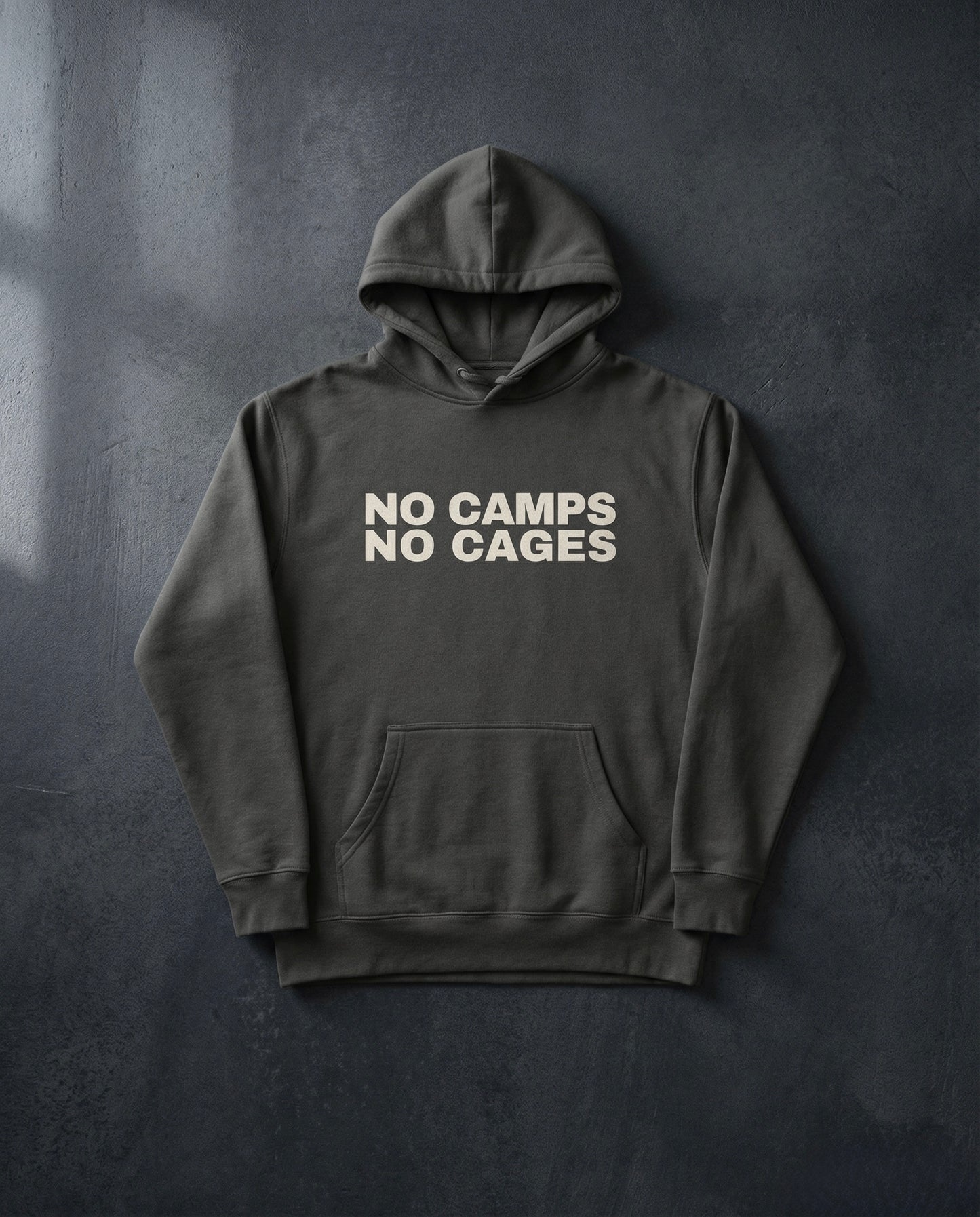 NO CAMPS NO CAGES Hoodie concrete background in vintage black | BAD BUREAU