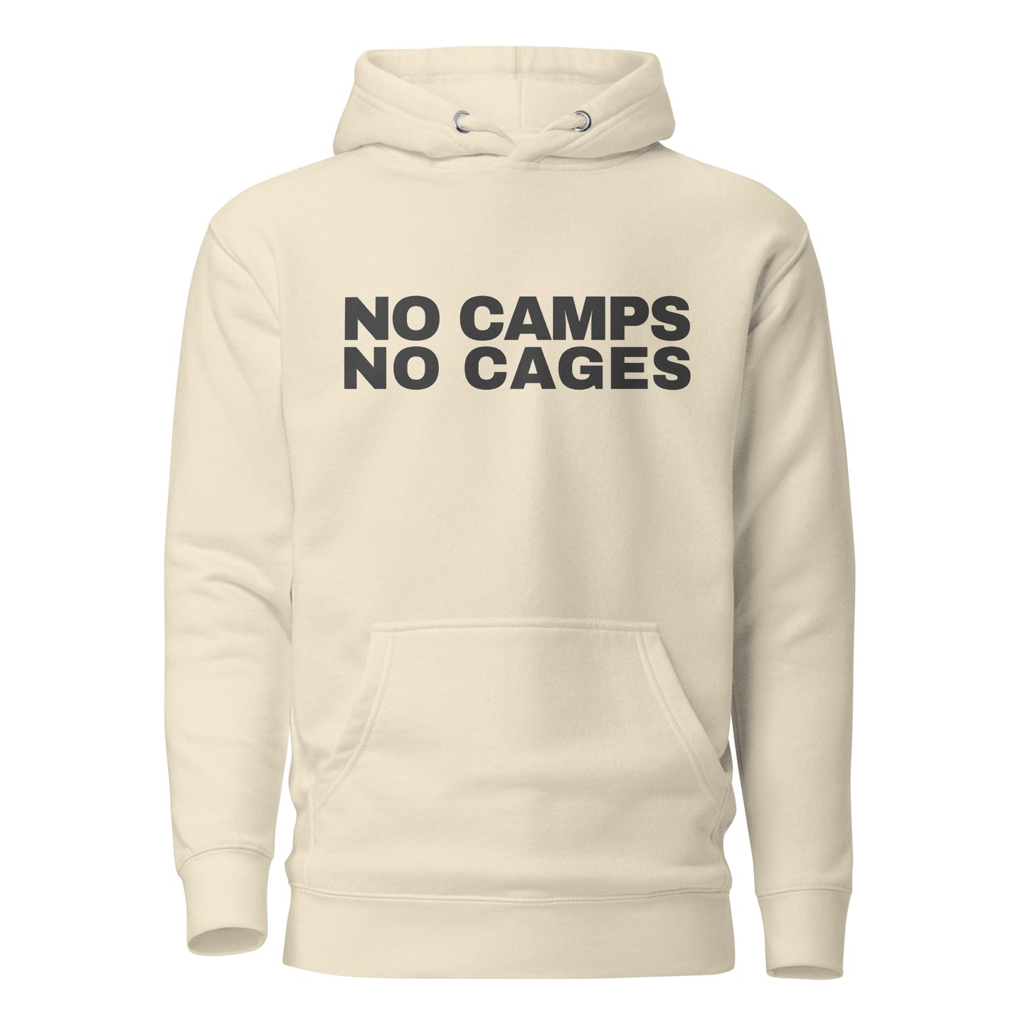 NO CAMPS NO CAGES Hoodie front view in bone | BAD BUREAU