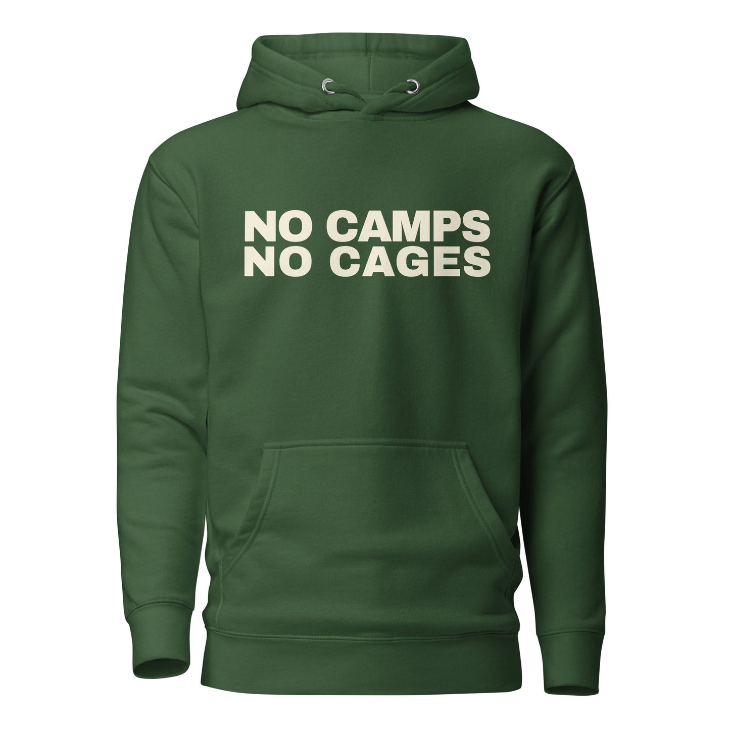 NO CAMPS NO CAGES Hoodie front view in forest | BAD BUREAU