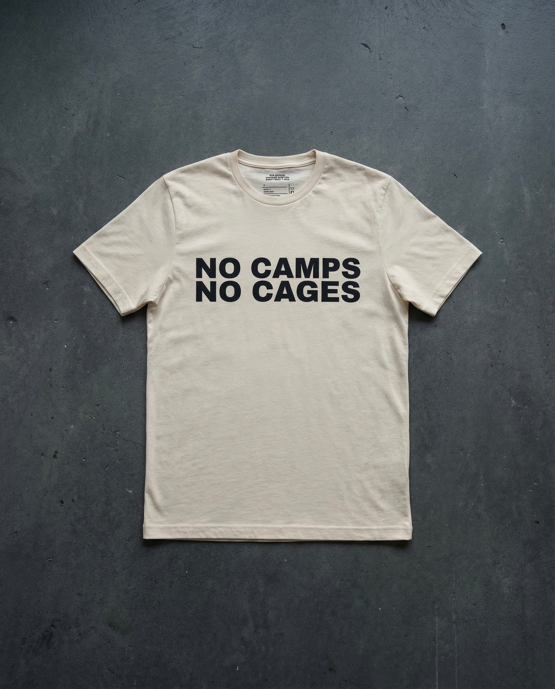 NO CAMPS NO CAGES T-Shirt concrete background in bone | BAD BUREAU