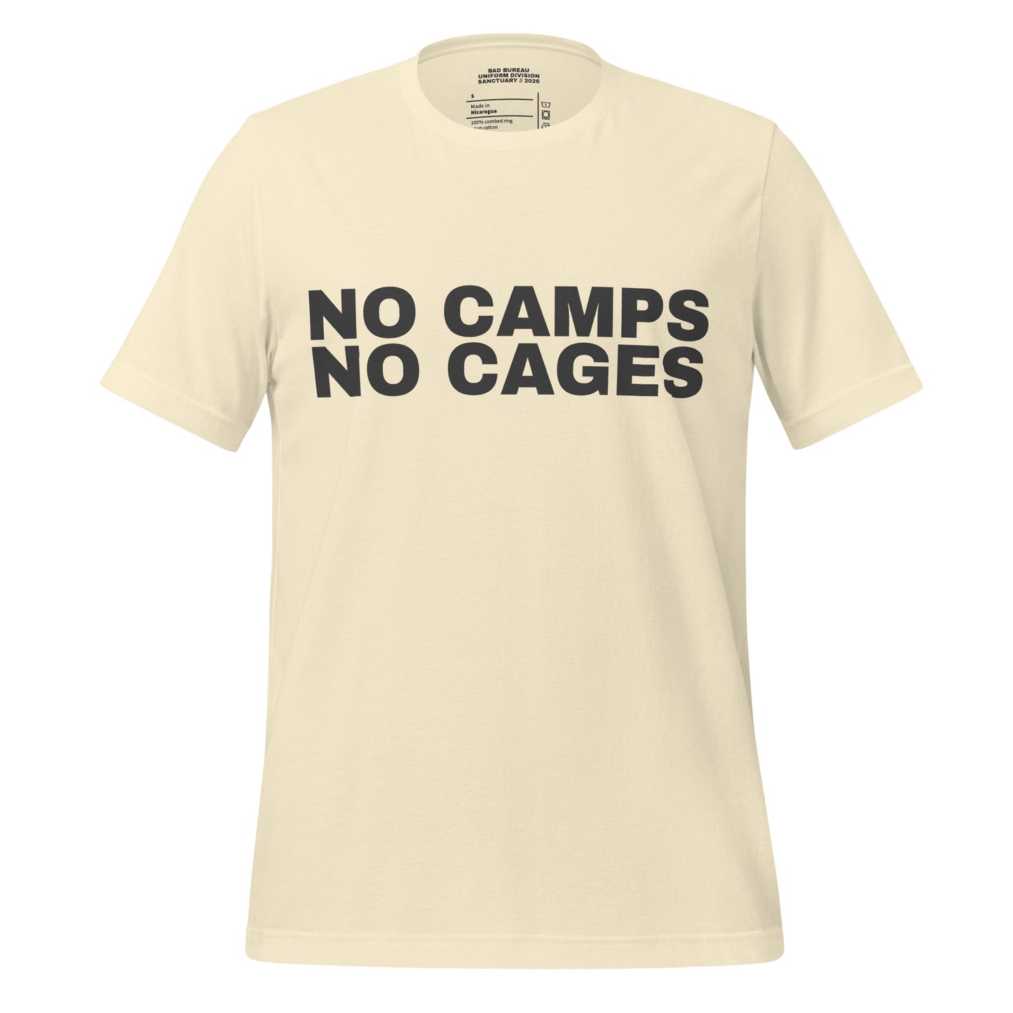 NO CAMPS NO CAGES T-Shirt front view in bone | BAD BUREAU