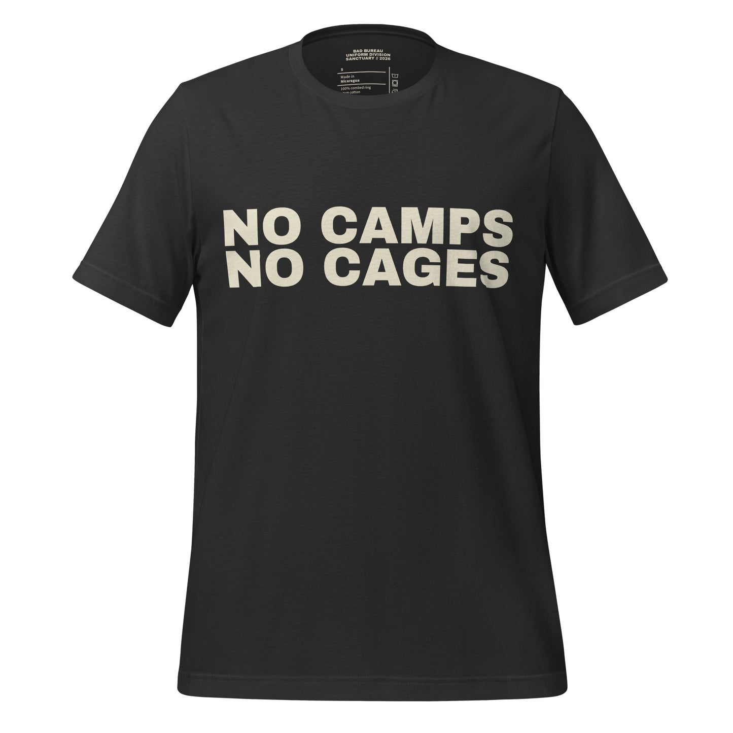 NO CAMPS NO CAGES T-Shirt front view in dark grey | BAD BUREAU