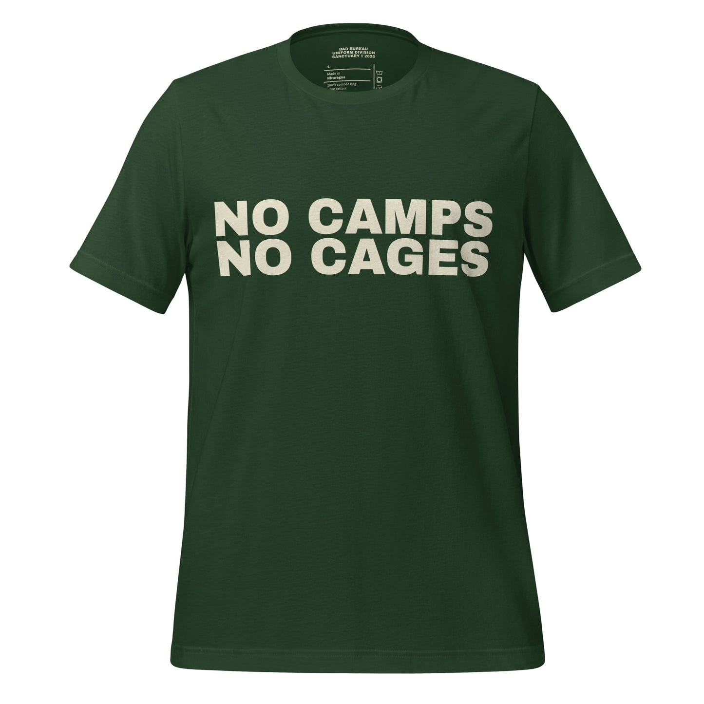 NO CAMPS NO CAGES T-Shirt front view in forest | BAD BUREAU