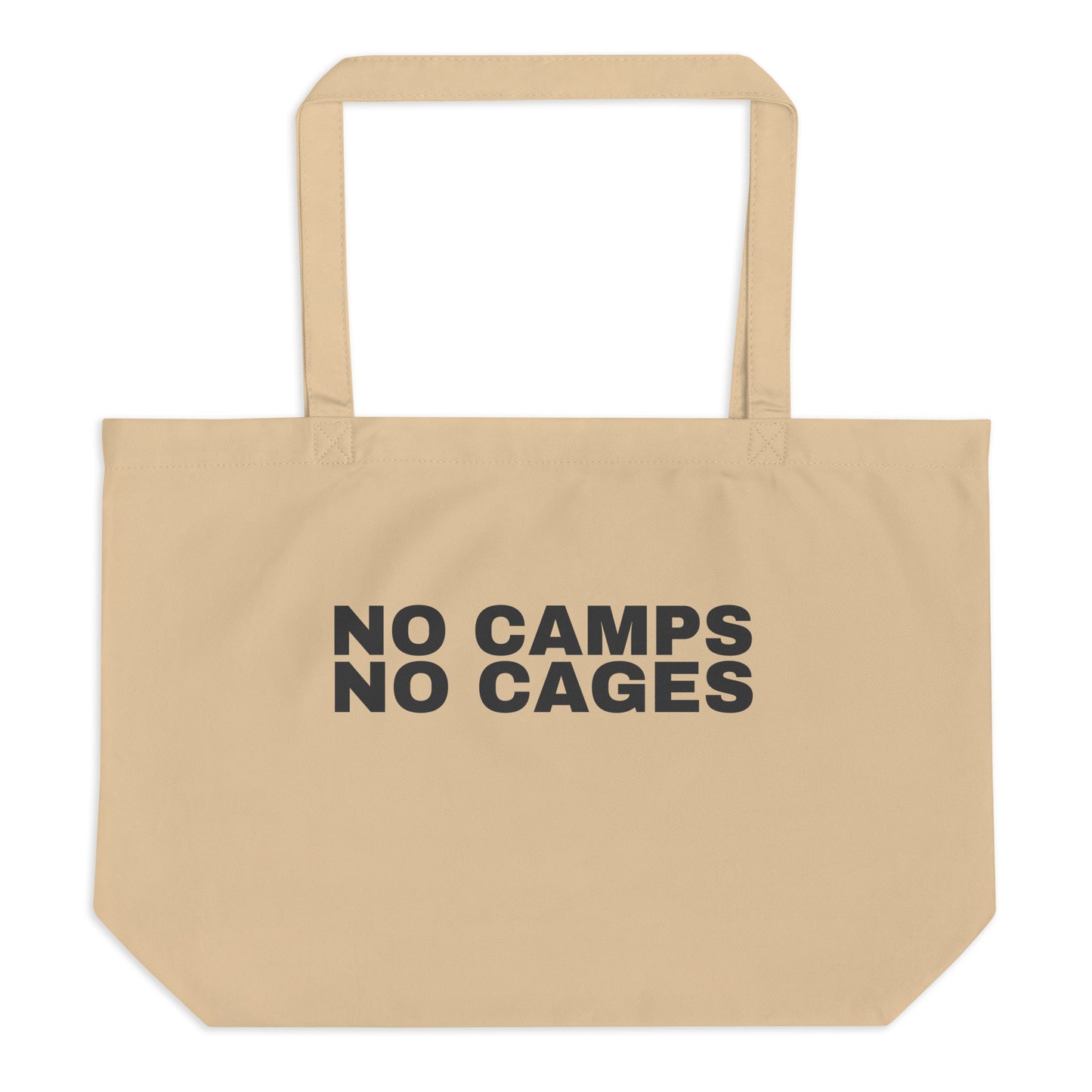 NO CAMPS NO CAGES Tote Bag front view in natural | BAD BUREAU