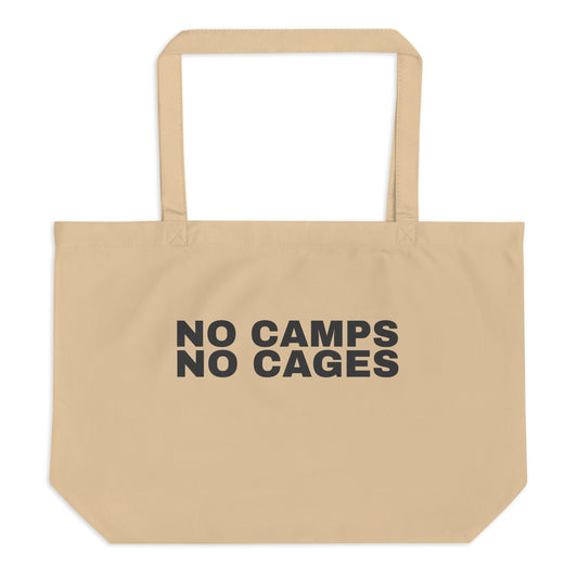 NO CAMPS NO CAGES Tote Bag front view in natural | BAD BUREAU