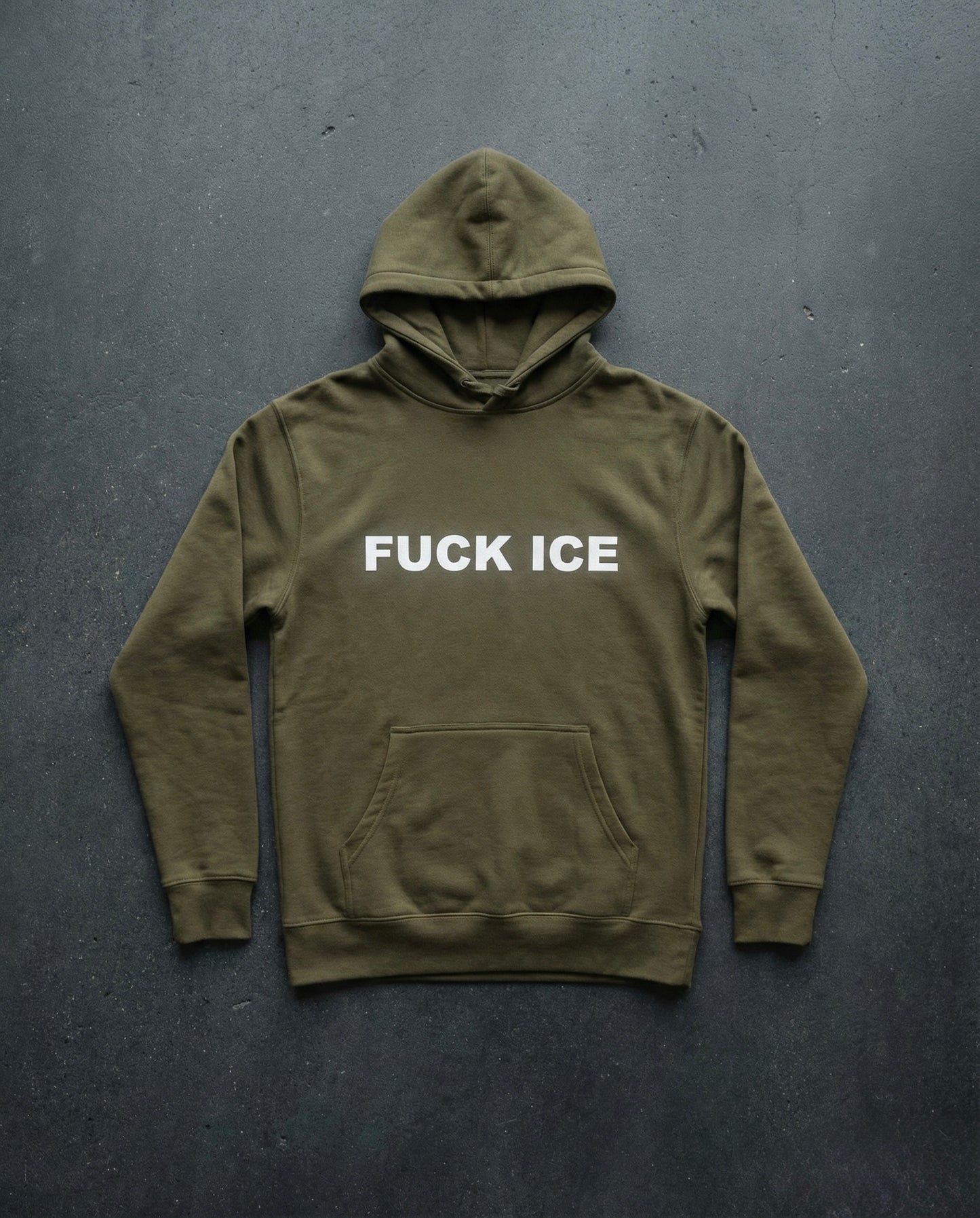 FUCK ICE Hoodie Concrete Background in Olive | BAD BUREAU 