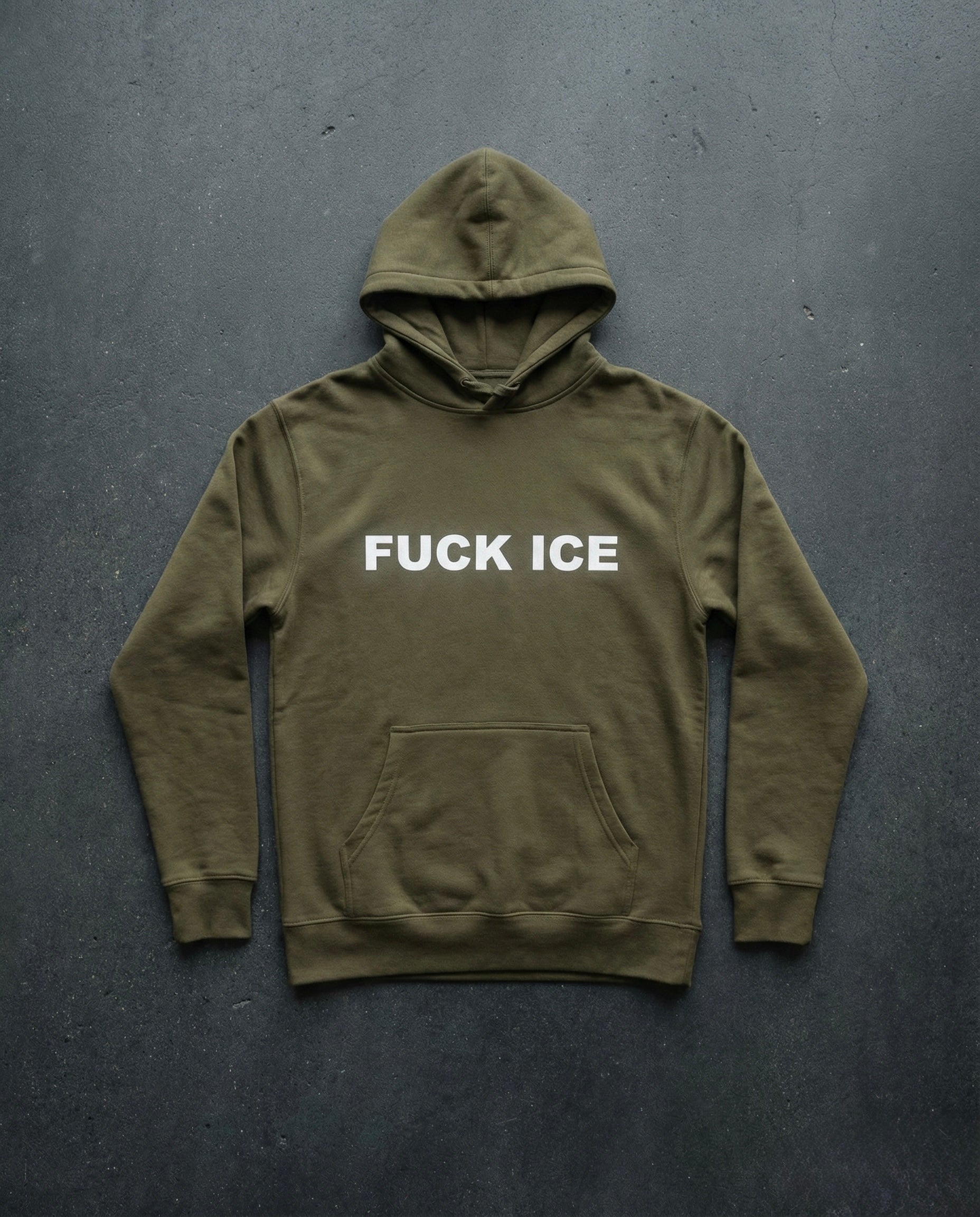 FUCK ICE Hoodie Concrete Background in Olive | BAD BUREAU 