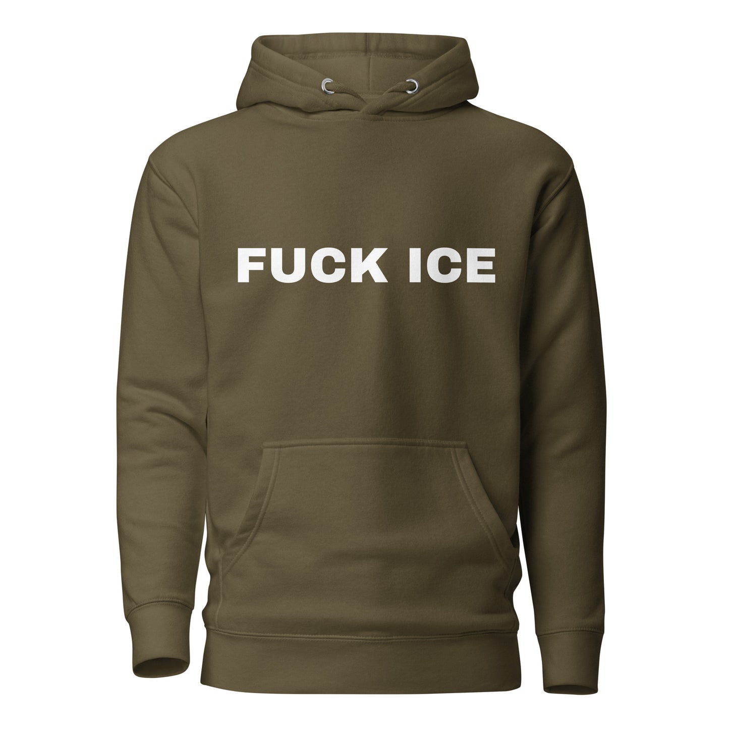 FUCK ICE Hoodie Front View in Olive | BAD BUREAU 