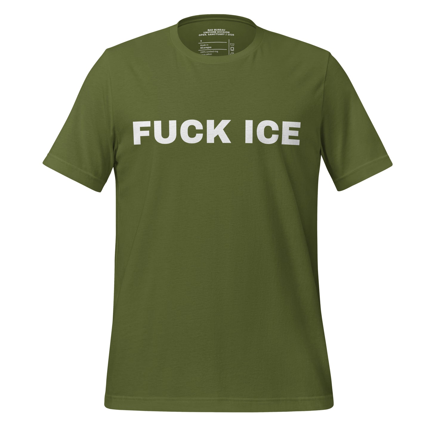 FUCK ICE T-Shirt Front View in Olive | BAD BUREAU 